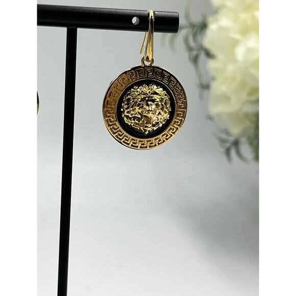 Bellezza Relief Framed Lion's Head Face Black Enamel Greek Key Dangle Earrings - Picture 11 of 11